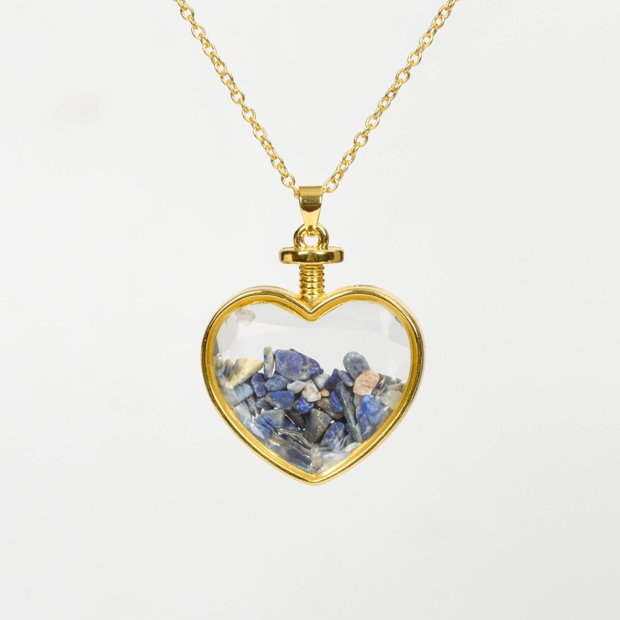 Crystal Chips In Heart Glass Pendant Necklace